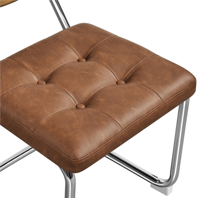 Modern Dining Chairs with Mesh Rattan Back, Retro Brown, Chrome