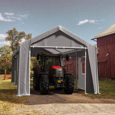 Abri d'auto 10 x 20 pi toutes saisons avec portes et fenêtres à enroulement, garage pour véhicule et bateau portable, gris