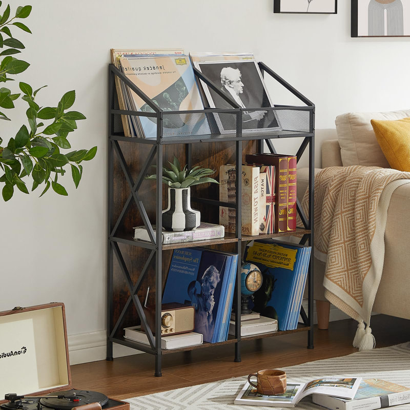 Brown and Black MDF Wood Vinyl Record Display Table with Steel Frame