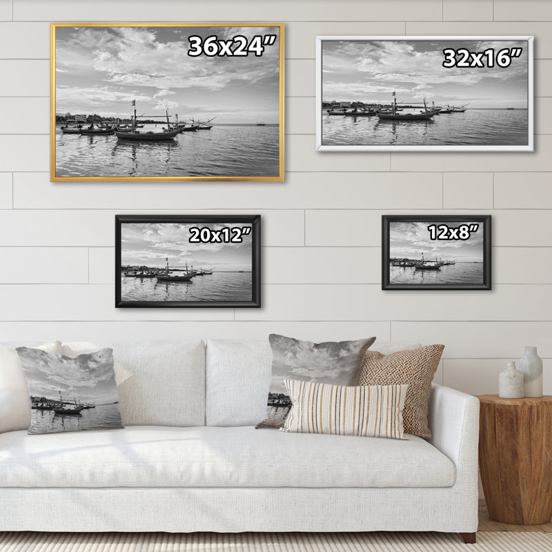 Paysage de pêcheur noir et blanc - Peinture sur toile, H 8 po x l 12 po x P 1 po, Cadre flottant brun