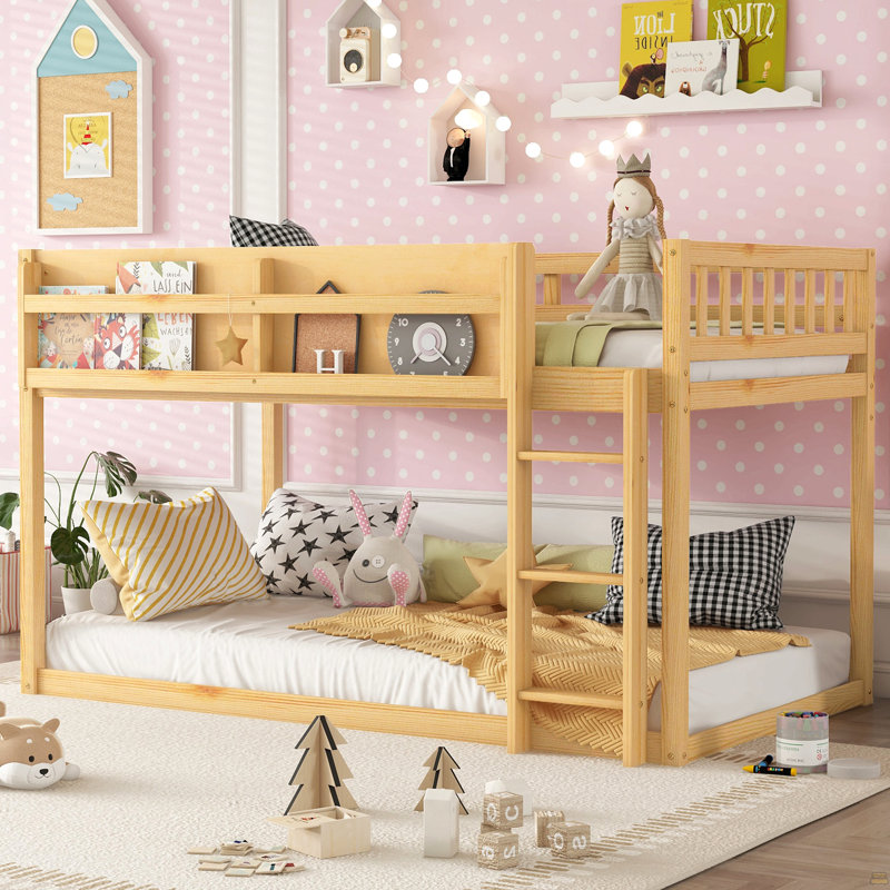 Low Twin Over Twin Bunk Bed, Floor Bunk Bed With Ladder, Solid Wood Twin Bunk Bed, Natural