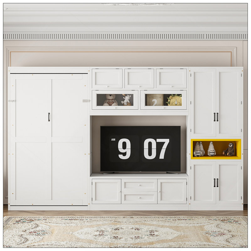 Lit escamotable simple en bois avec meuble télé, 2 tiroirs, tablettes et armoires, blanc, White