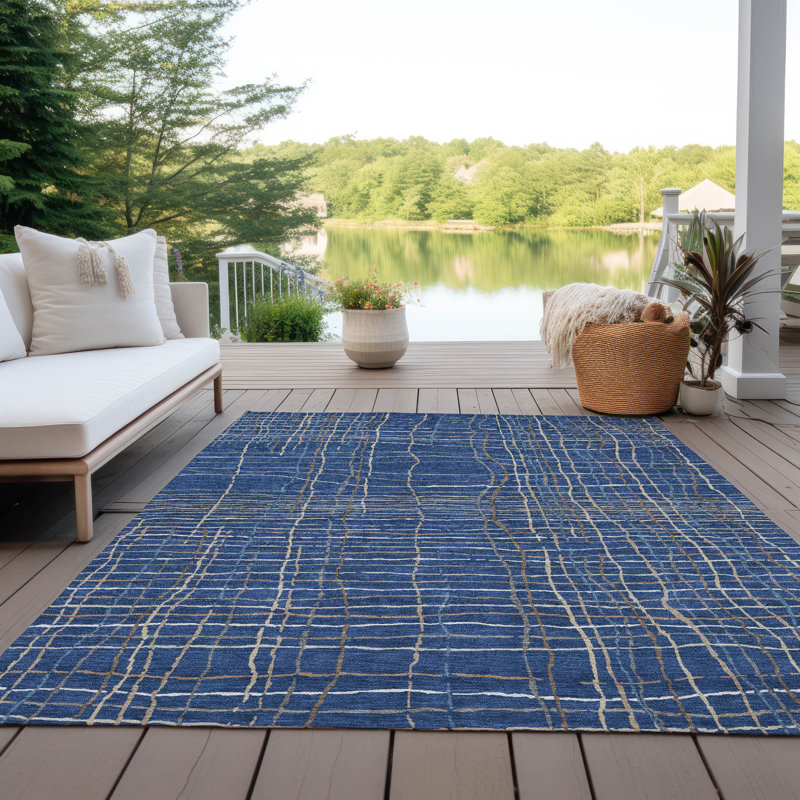 Navy and White Striped Synthetic Washable Rug 2'6" x 3'10"