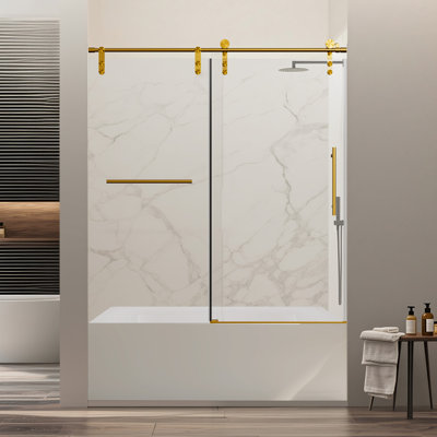56-60" W * 66" H Frameless Single Sliding Shower Doors, Bathroom Sliding Shower Door With Towel Rail And Auxiliary Handle, 5/16" (8Mm) Thick SGCC Tempered Glass Door, Brushed Gold (No Soft-Close)