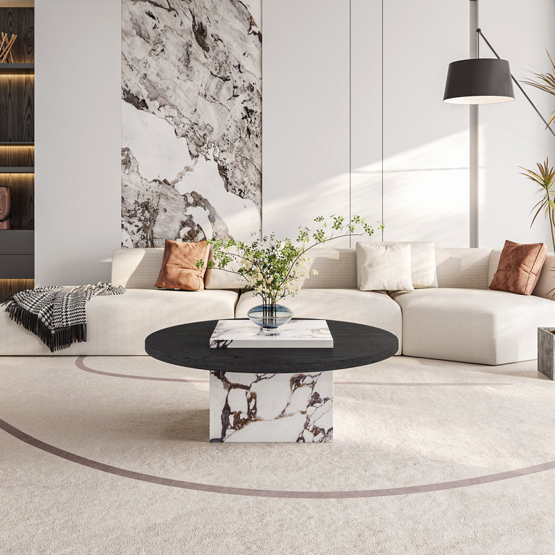 35.43" Round Solid Wood Coffee Table, with Glossy Square Faux Mable Table top