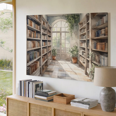 Bibliothèque ensoleillée, pièce d'inspiration rétro, espace de lecture confortable où chaque toile est prête à être accrochée à la galerie