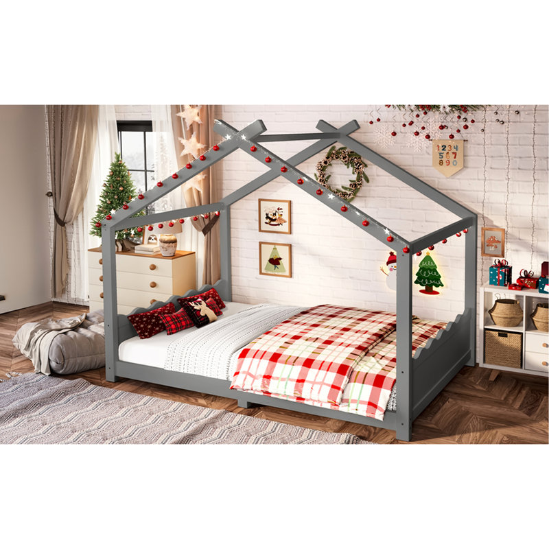 Lit double pleine grandeur sur plancher gris, bois massif, lattes de soutien, lit de bébé gris pour un développement créatif et sécuritaire, pour le développement imaginatif