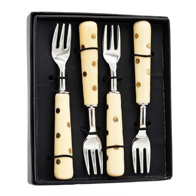 Ensemble de fourchettes et de couteaux élégants de la collection Alice avec poignées en résine et pois métalliques, parfait pour un repas élégant