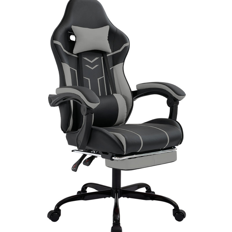 Black Grey Leather Office Gaming Chair With Ergonomic High , Lumbar Massage, Retractable Footrest, 360 Rotating , Adjustable Computer , And Support, Reclining 90 - 135,