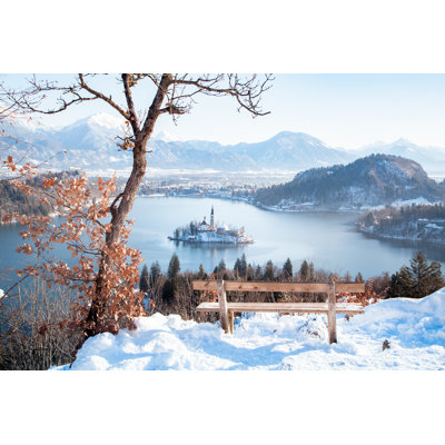 Lake Bled with wooden bench in winter 1 Piece Wrapped Canvas Wall Art