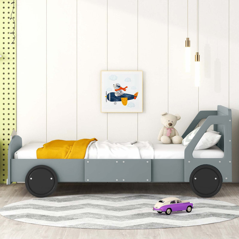 Lit plateforme en forme de voiture avec roulettes, Gris, Simple