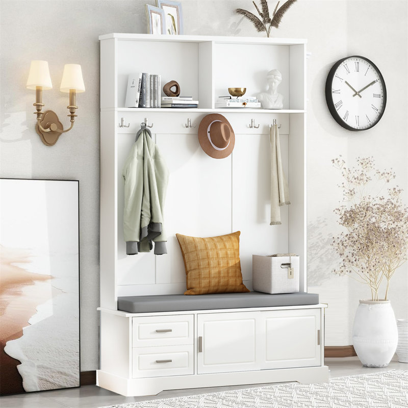 Hall Tree With Storage,Entryway Hall Tree With Bench And Doors,Hall Tree With Bench And Shoe Storage For Home, White