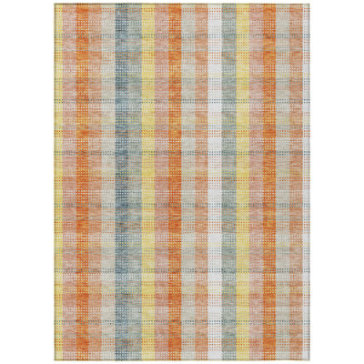 8' X 10' Peach Ivory And Orange Plaid Washable Indoor Outdoor Area Rug
