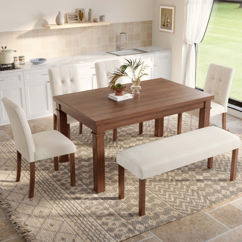 Hearthstone 6-Piece Farmhouse Dining Table Set With Sturdy Frame And Ergonomic Seating, Walnut, Beige/Walnut