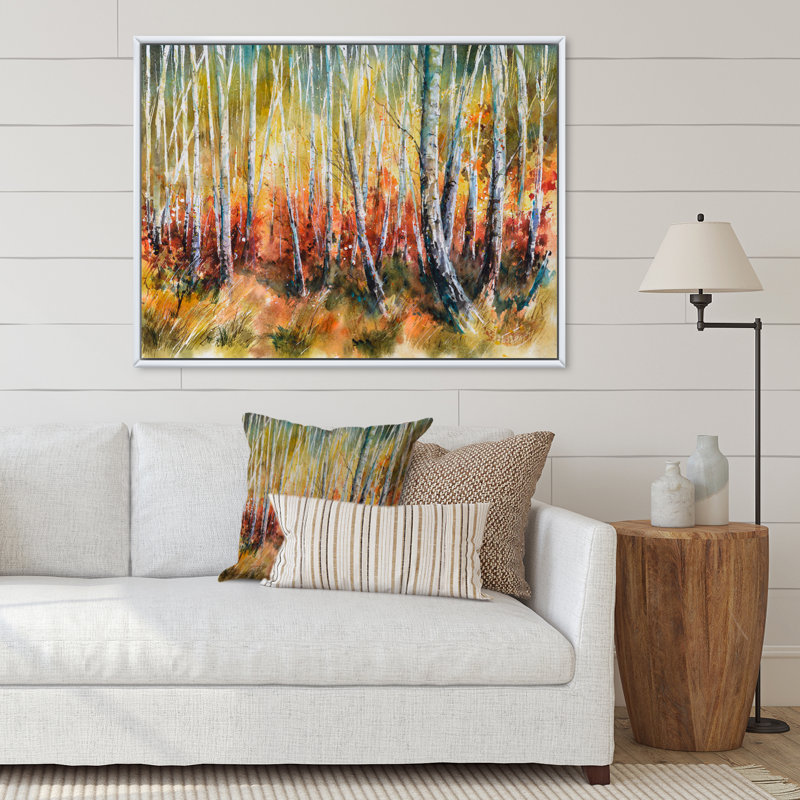 «White Birches in Dense Autumn Forest», reproduction sur toile, H 30 po x l 40 po x P 1,5 po, Cadre photo blanc