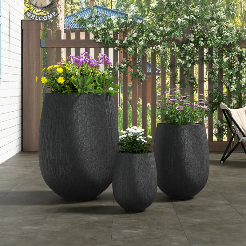 Ensemble de 3 pots à fleurs U_Style en forme d'œuf MGO pour l'extérieur, légers, Noir