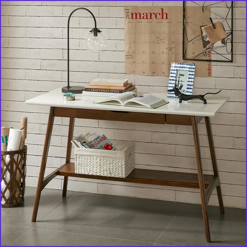 Bureaux | Bureau Mid-Century Parker avec 1 tiroir & amp; Tablette inférieure | L 48 po x P 24 po x H 30 po | Blanc cassé + pacane | Bois