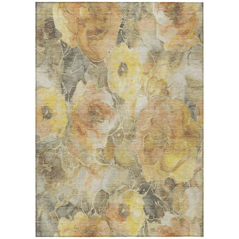 Tapis intérieur / extérieur doré lavable à la machine Xhevrie, Rectangle 10 pi x 14 pi