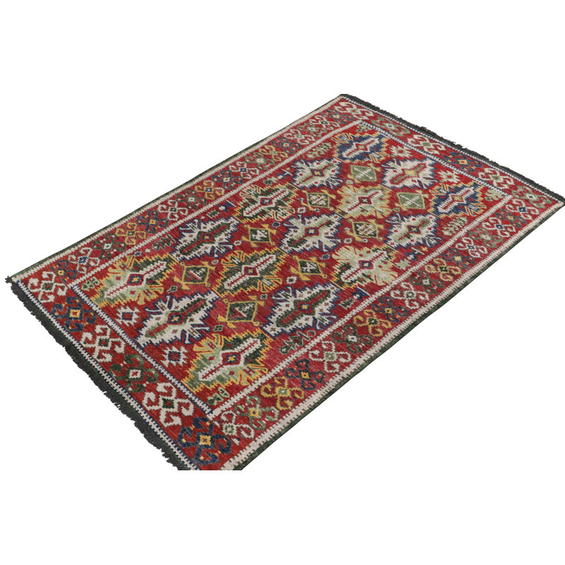 Caucasian Rug In Red, Green And White Geometric Pattern By Rug & Kilim, Rectangle 8' x 10'