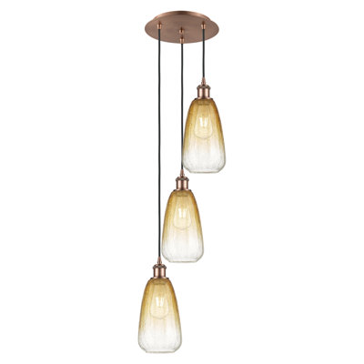 Ballston - Brookhaven Almond - 3 Light 13" Cord Hung Multi Pendant - Antique Copper Finish - Amber Shade