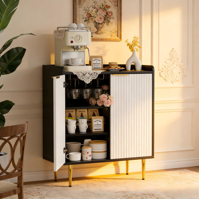37.4'' Modern Coffee Bar Cabinet With Wine Racks And Drawer Storage For Living Room, Black/White