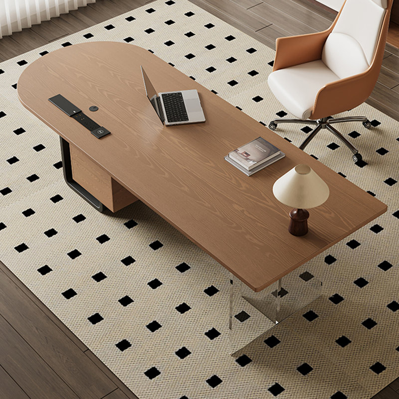 Bureau brun / noir + demi-cercle en bois massif + acier + acrylique avec 2 tiroirs, H 29,53 po x l 86,61 po x P 31,5 po