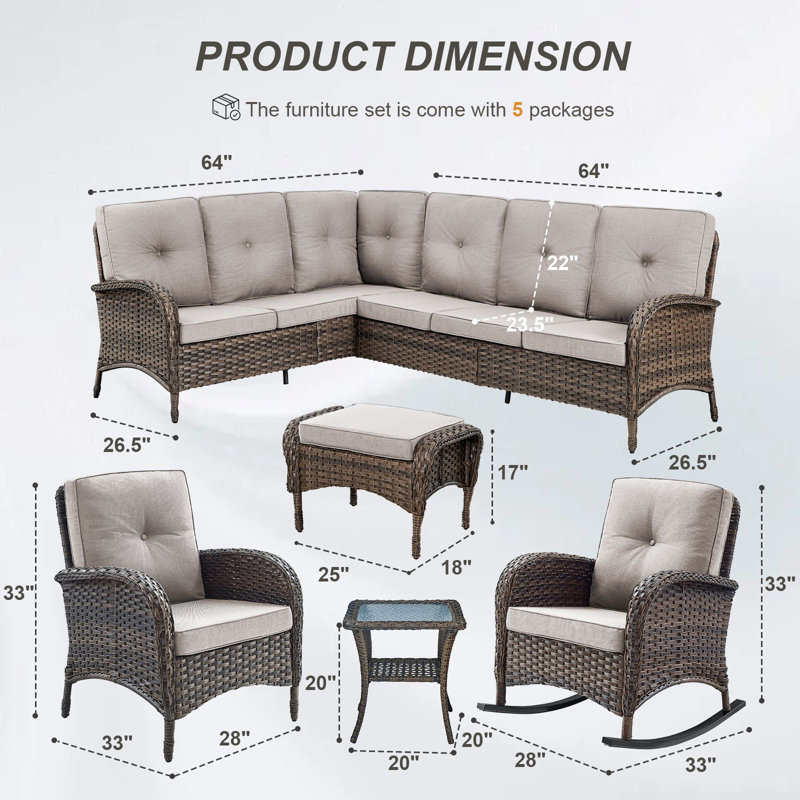 Ensemble de canapé modulaire d'extérieur en L avec chaises berçantes et table d'appoint Valierius, Beige