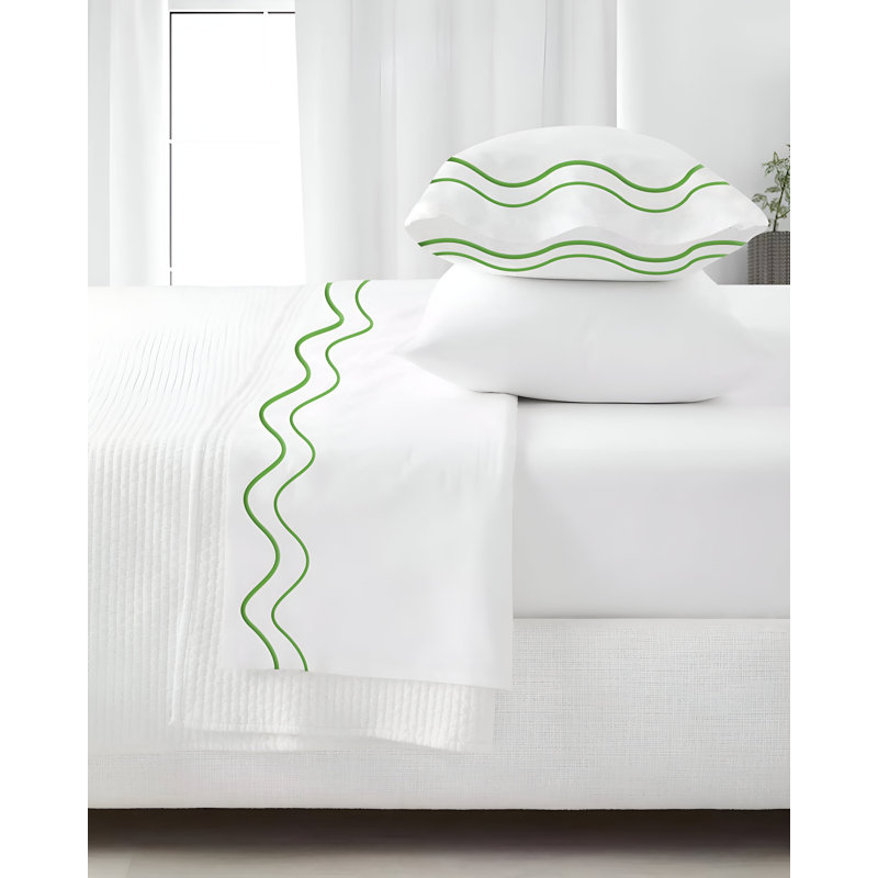 Double Wavy Embroidered Cotton 4 Piece Sheet Set Fitted Sheet Fits Upto 16" Deep Pocket, Parrot Green Border