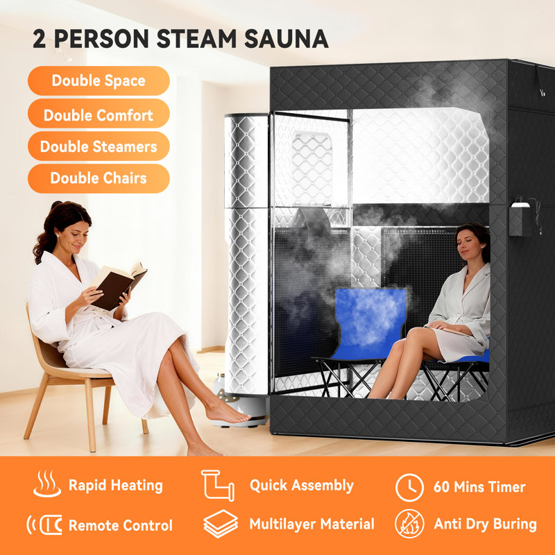 Tente de sauna portative pour 2 personnes avec double cuiseur à vapeur de 2,6 l, chaises pliantes et télécommande