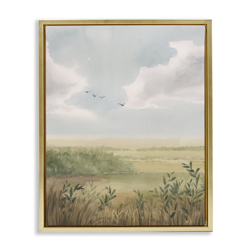  «Birds over Grasslands», art mural encadré par Grace Popp, H 21 po x l 17 po, Cadre flottant métallique doré