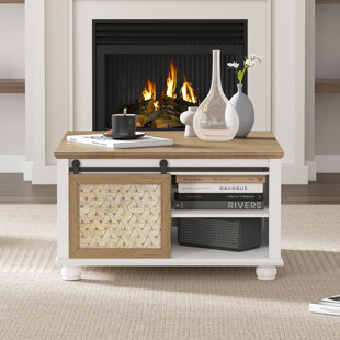 Table basse avec rangement, table centrale carrée avec porte de grange coulissante, pour salon, bureau, blanc