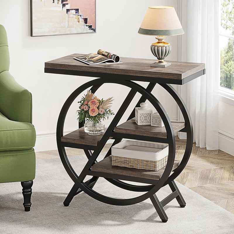 Table de bout industrielle étroite avec tablettes de rangement à 3 niveaux, Grey Top/Black Base