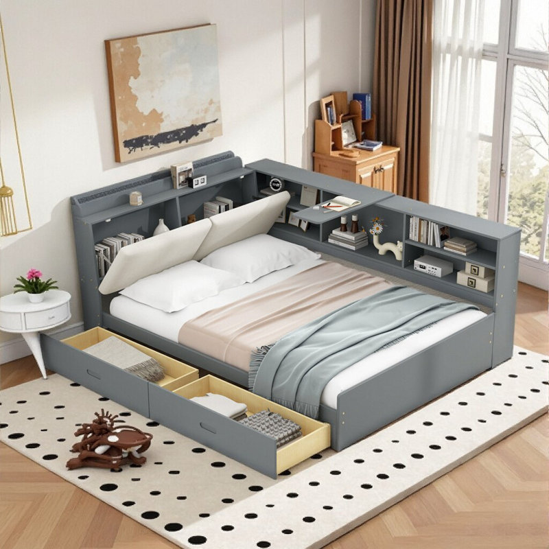 Maximize Space & Style: Full Size Platform Bed with Storage Headboard, Shelves & 2 Drawers, Antique Gray