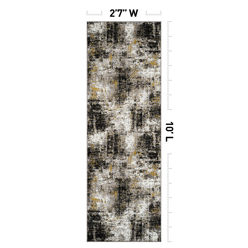 Abstract Yellow/Black/Gray Area Rug, Runner 2'7" x 10'