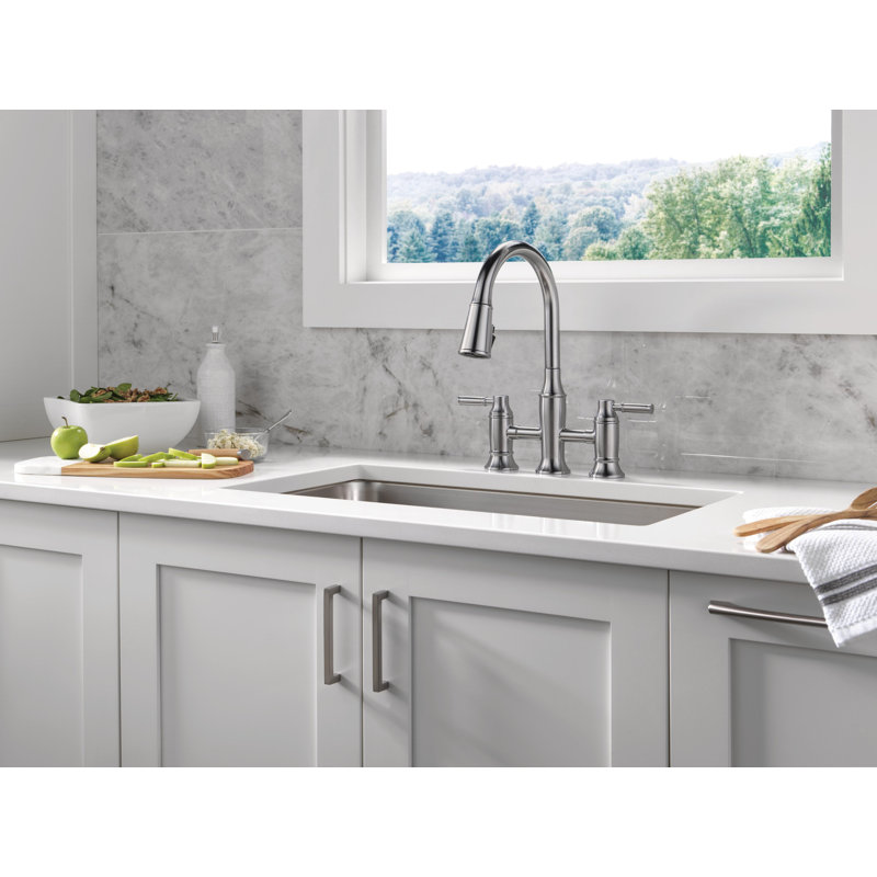Renaldi Pull-Down ProClean Bridge Kitchen Sink Faucet, Two Handle Kitchen Faucet, Lumicoat  Arctic Stainless