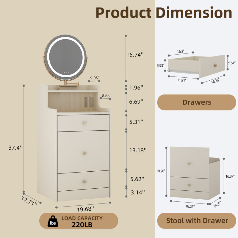 Makeup Vanity Desk With Mirror And Light, 3 In 1 Vanity Desk Set With Storage Hidden Stool, Charging Station And Open Storage Space, Compact Dressing Table