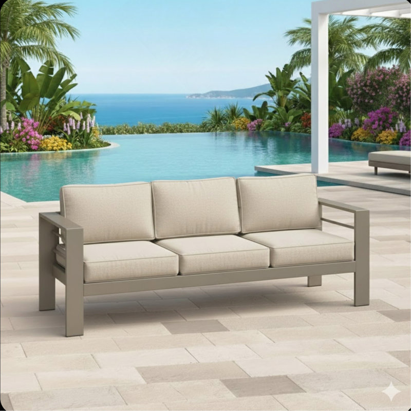 Canapé de patio 75 po 3 places toutes saisons en métal avec coussins épais beige et structure kaki, Kaki