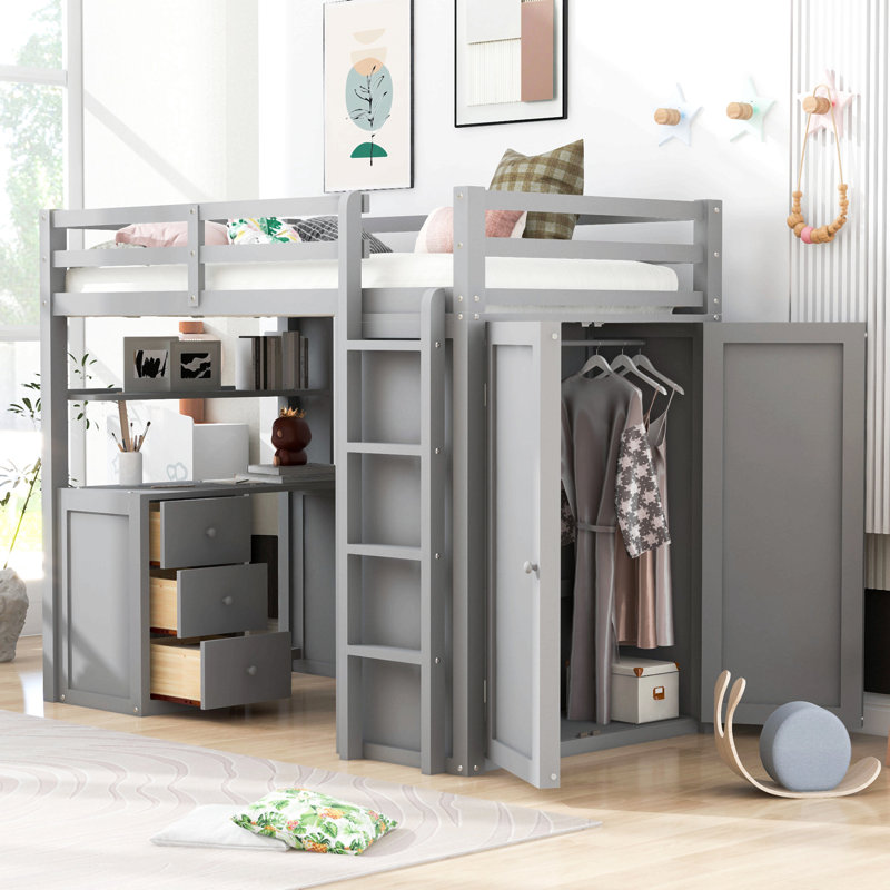 Lit mezzanine avec tiroirs, bureau et garde-robe, Lit simple, Gris
