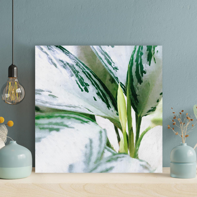 «White And Green Leaf Plant», reproduction d'art graphique sur toile tendue 1 pièce, H 16 po x l 16 po