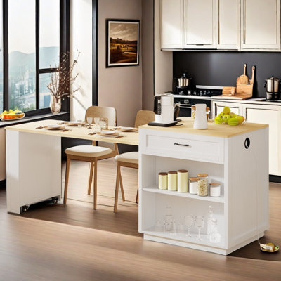 Kitchen Island With Extendable Dining Table, Power Outlet, 2 Drawers, 2 Side Open Shelves And Double-sized Storage Design by Latitude Run
