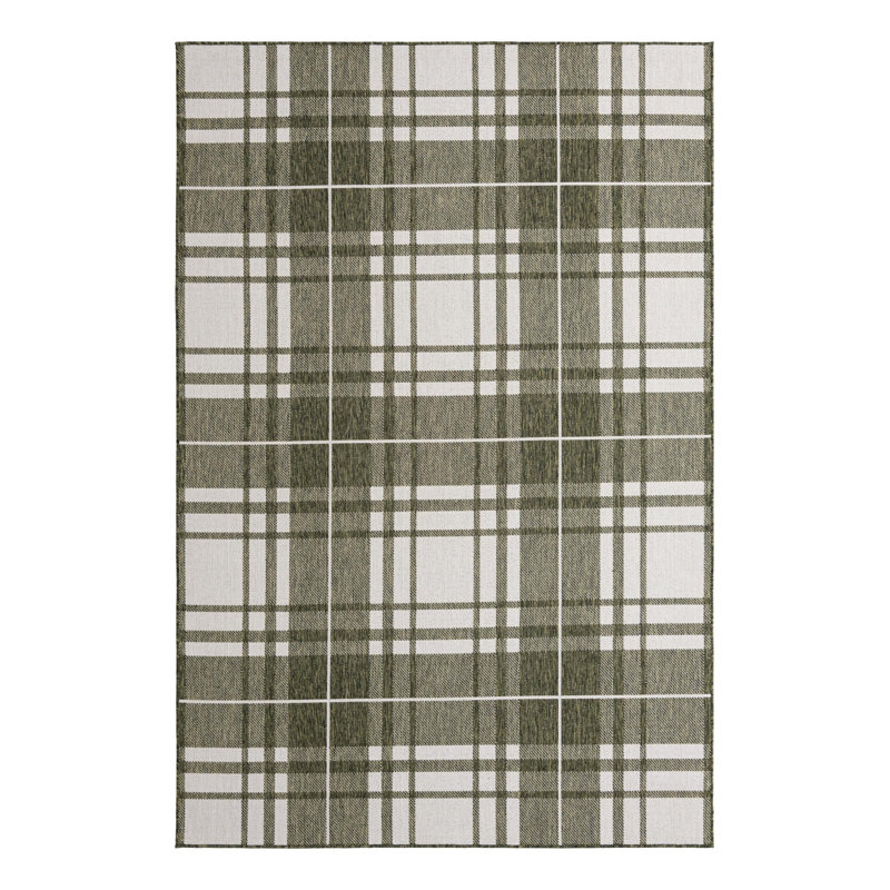Tatasha Plaid Power Loom Polypropylene Plastic Indoor/Outdoor Area Rug in White/Green, Rectangle 6'1" x 9'