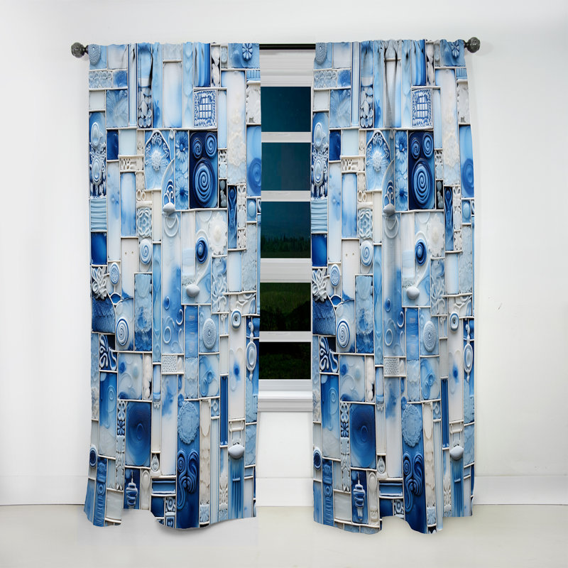 Carrelage botanique bleu et blanc Emlen I - rideau en velours moderne - obscurcissant - 1 panneau, L 52 po x L 90 po