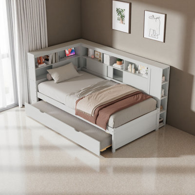 Twin Size Wood Daybed With Storage Shelves, USB And Trundle