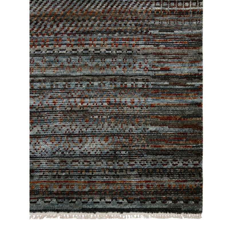 Tapis noir / rouge en laine noué à la main Abstract, Rectangle de 10 pi x 14 pi