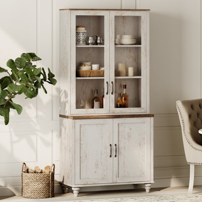 Corretta Sideboard Cabinet With Glass Doors & Shelves, Buffet Cabinet With Wood Cabinet, Rustic White, 34''