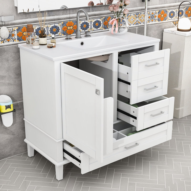 Meuble-lavabo simple contemporain en bois avec porte à fermeture en douceur, lavabo en céramique et tiroirs de rangement