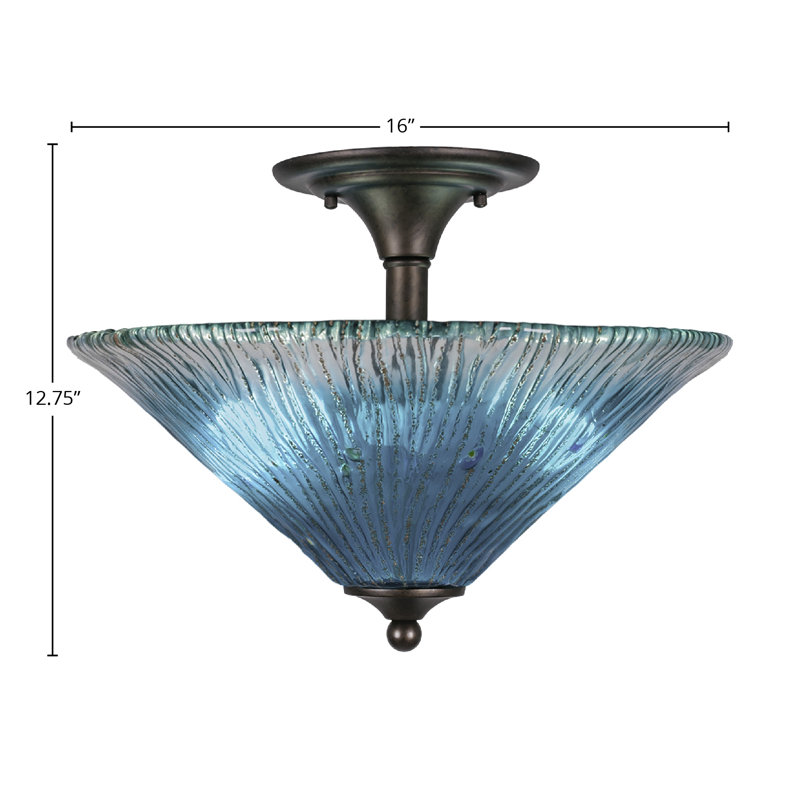 Semi-Flush, 2 Bulbs Shown In Bronze Finish With 16″ Teal Crystal Glass, Bronze, Blue