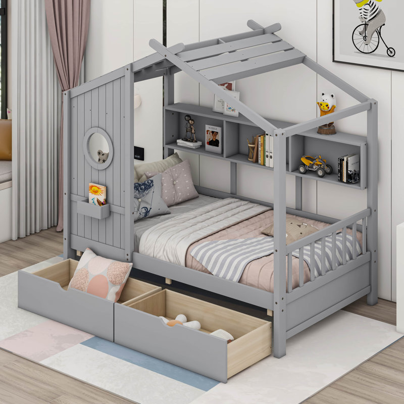 Lompico Wooden House Bed, Twin, Gray