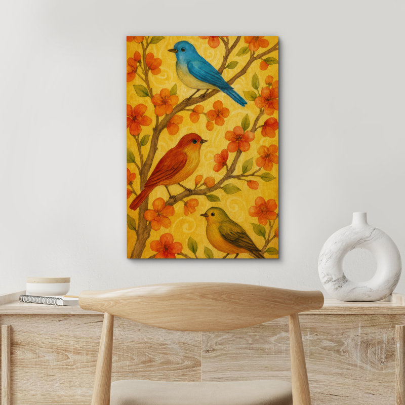 «Colorful Songbirds on Spring Blossoms» sur fond jaune chaleureux - reproduction d'art sur toile encadrée, Toile tendue