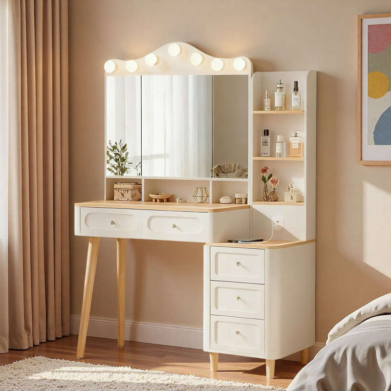 Vanity Desk With 3 Lighting Colors Foldable Three-sided Mirror, 2 Usb Power Strip And 5 Drawers